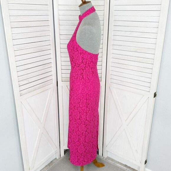 Zara Floral Lace Halter‎ Midi Sheath Dress Pink Medium Open Back - Picture 3 of 15